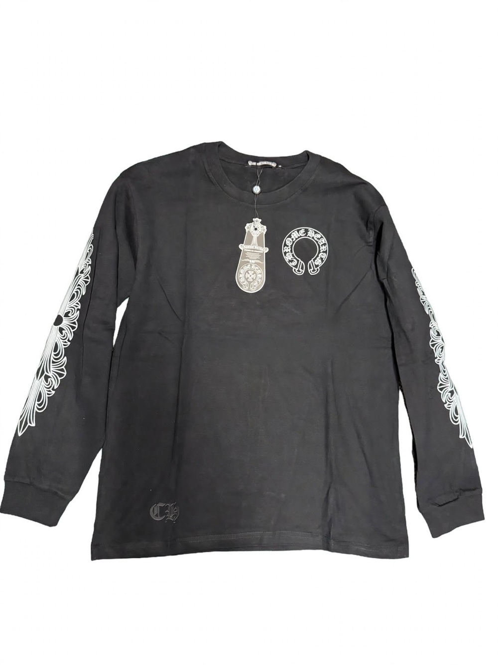 Chrome Hearts Black Long Sleeve Tee with White Sleeve Graphics